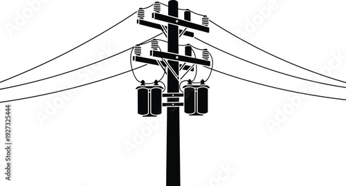 A black and white illustration of a power pole with multiple wires and insulators
