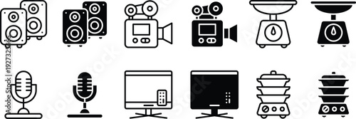 Multimedia and Kitchen Appliance Icon Set – Vector Collection with Speakers, Video Camera, Scale, Microphone, Television, and Blender.