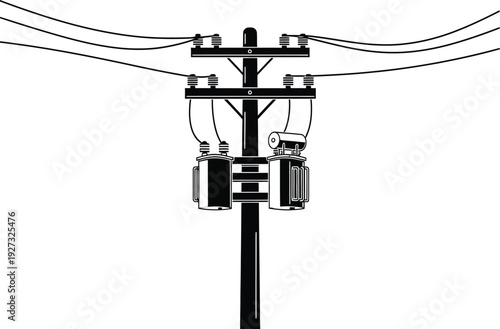 Electricity transmission tower with wires on top and transformer on pole