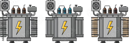 Three industrial electrical transformers with lightning bolts on the front
