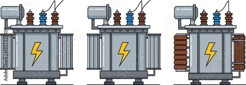 Three gray electrical transformers with yellow lightning bolts on the front