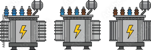 Three cartoon style electrical transformers with lightning bolts on the front