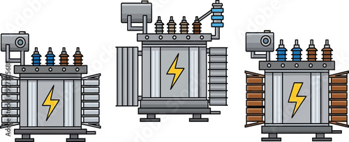 Three cartoon style transformers with lightning bolts on the front panel