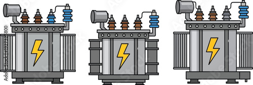 Three gray electrical transformers with yellow lightning bolts on the front