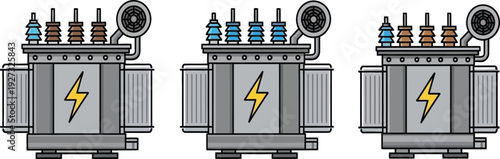 Three industrial electrical transformers with lightning bolt symbols on the front