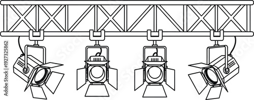 Four stage lights mounted on a metal truss system for theater or concert lighting setup