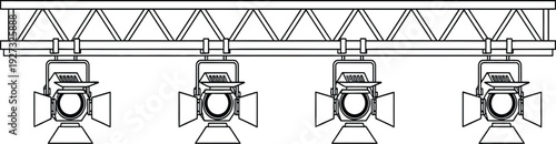 Overhead lighting system with four stage lights mounted on metal trussing structure