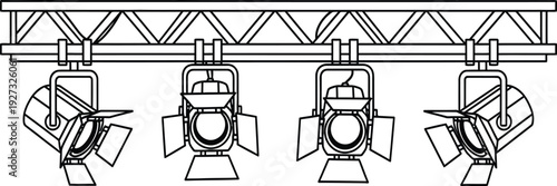 Stage lighting fixtures mounted on a metal truss system for concerts and performances