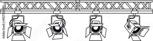 Overhead lighting system with four stage lights mounted on a metal truss structure for theater or studio use