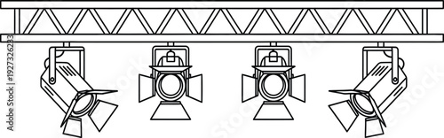 Stage lighting equipment with four spotlights on a truss system for theater or concert lighting design