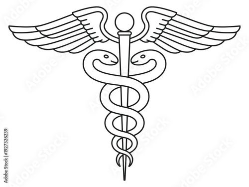 medical symbol caduceus snake with stick and wings, rod of asclepius emblem for drugstore branding, pharmacy icon vector illustration isolated on white background for healthcare identity design.