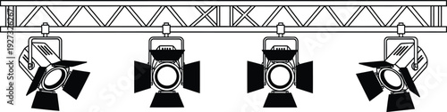 Four stage lights mounted on a metal truss system for theatrical or concert lighting design