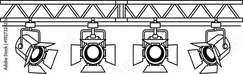 Four stage lights mounted on a metal truss system for theater or concert lighting setup