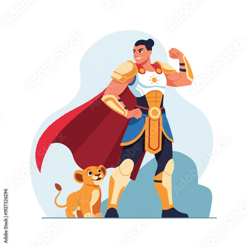 Cartoon superhero with cape and lion cub sidekick standing strong