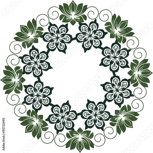 Luxury Ornate Radial Frame with Green Lotus Flowers, Floral Mandalas, and Elegant Swirling Vine Flourishes on White Background