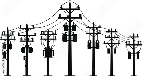 Electricity transmission towers with wires and insulators on for energy infrastructure concept