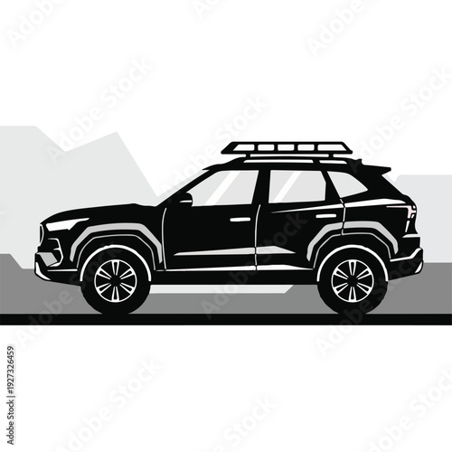 Black SUV with roof rack driving on road near mountains