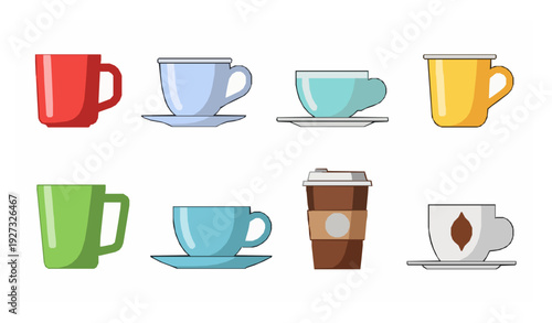 Colorful Tea and Coffee Cups Flat Vector Set