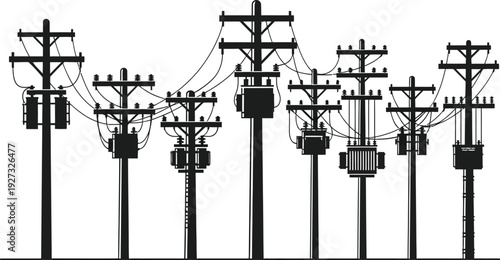 A black and white illustration of multiple power transmission towers and utility poles with transformers and wires