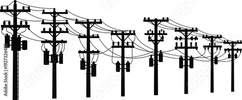 A row of electric power transmission towers with wires on for energy infrastructure concept
