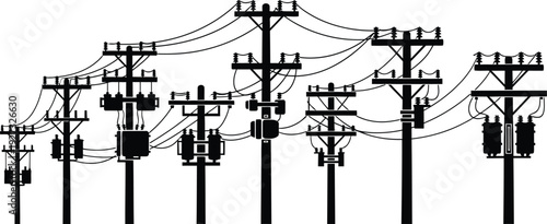 Electric power transmission towers with wires and insulators for energy infrastructure concept