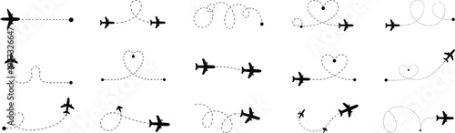 Airplane dotted flight path collection set, creative travel route aviation illustration