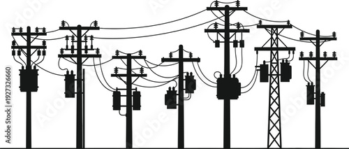 Electric power transmission towers with wires and insulators on for energy infrastructure concept