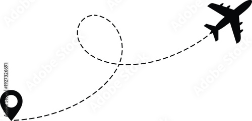 Airplane flight path with location pin, travel route concept isolated on gray background