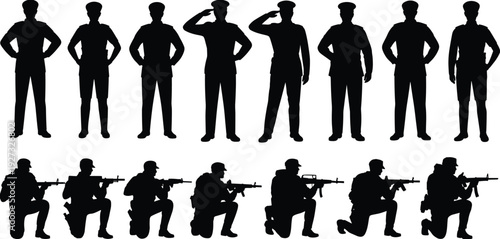 Army soldier and police officer silhouettes collection, armed forces tactical security set