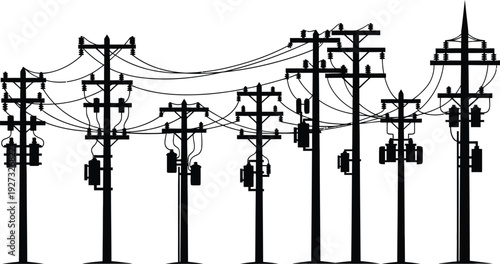 Black silhouette of multiple power poles with wires and transformers for electricity infrastructure concept