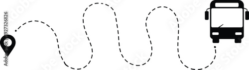 City bus following curved dotted route from location pin, urban transport navigation illustration