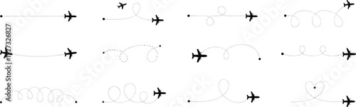 Collection of airplane dotted flight paths, travel route set aviation illustration