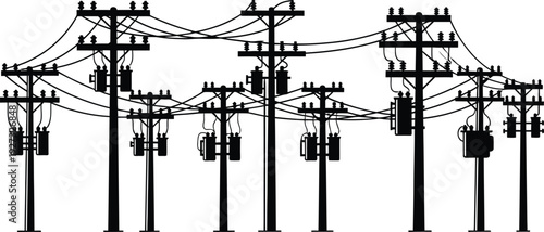 A black and white illustration of multiple power lines and utility poles connected with wires and transformers