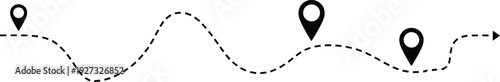 Curved dotted travel route with location pins and arrow, navigation path concept on gray background