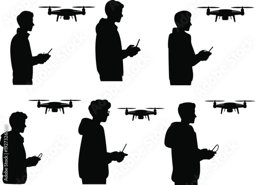 Drone operator silhouettes controlling quadcopter with remote controller, aerial technology innovation concept