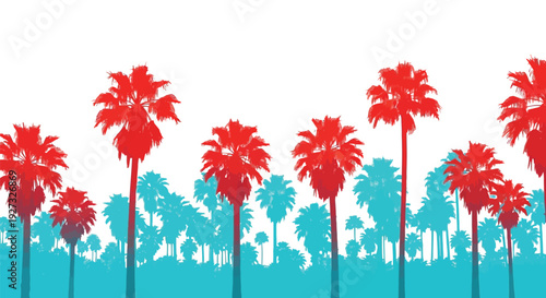 Stylized red and blue palm tree silhouettes create a captivating, vibrant abstract pop art illustration featuring a distinct tropical aesthetic against a clean, minimalist background, offering an icon