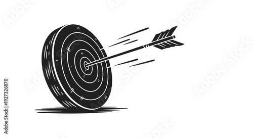 Illustration depicting a powerful black and white archery arrow perfectly striking the bullseye center of a circular target signaling achievement and successful goal completion
