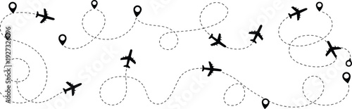 Multiple airplane flight paths with location pins, dotted travel routes aviation illustration concept