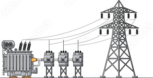 Electrical substation with power transmission tower and equipment for industrial and energy concepts