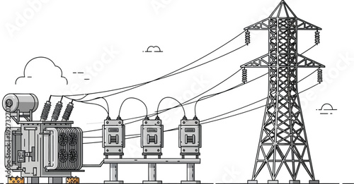 A detailed illustration of a power transmission tower with electrical substation equipment and wires