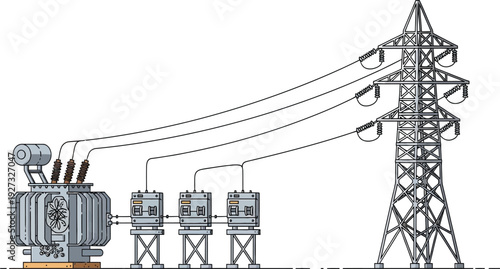 Electrical substation with power lines and transmission tower on for industrial and energy concepts