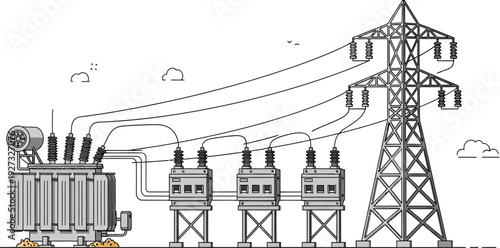 A black and white illustration of a power transmission tower with electrical substation equipment and transformers