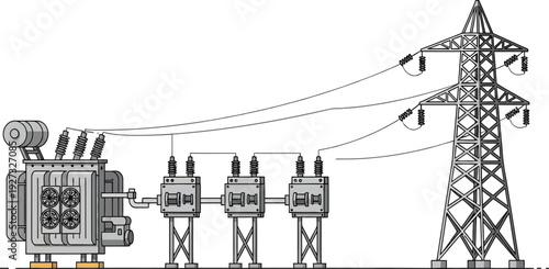 A detailed illustration of a power transmission system with a tower and electrical equipment