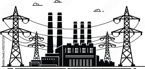 Black and white illustration of a power plant with transmission towers and lines