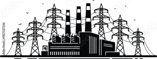 Industrial power plant with transmission towers and smokestacks