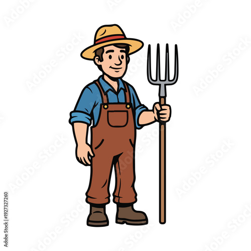 Farmer standing with pitchfork in hand wearing overalls