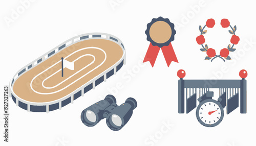 An illustration depicting various elements of a horse racing event, including a track, binoculars, medal, wreath, starting gates, and stopwatch.