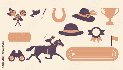 A collection of flat design elements representing horse racing, including a jockey on a horse, track, trophy, hats, and roses.
