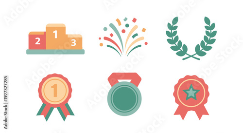 A collection of award symbols including medals, trophies, and badges displayed together