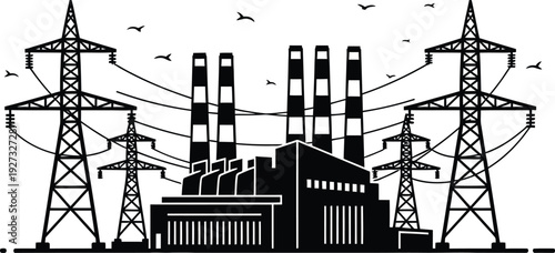 Black and white illustration of a power plant with transmission towers and smokestacks emitting smoke